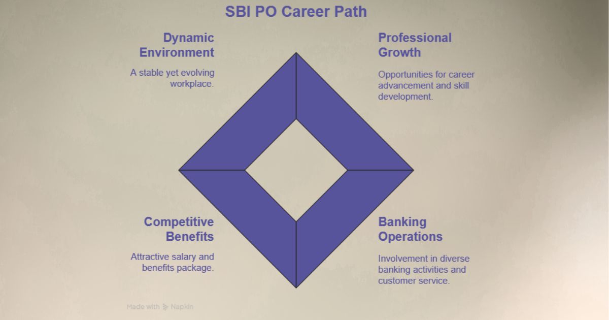 Visual guide showing SBI PO career path benefits like growth, banking operations, and stability.