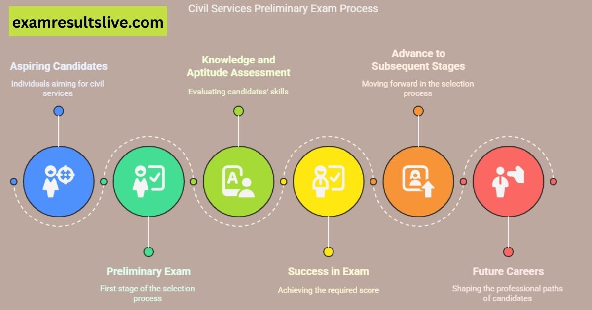 Infographic showing Civil Services Preliminary Exam process from preparation to career progression steps.