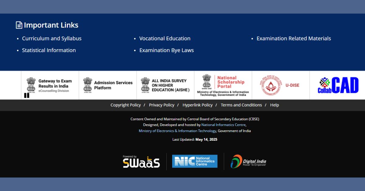 CBSE 12th Result 2025 official website footer showing important links and last updated date