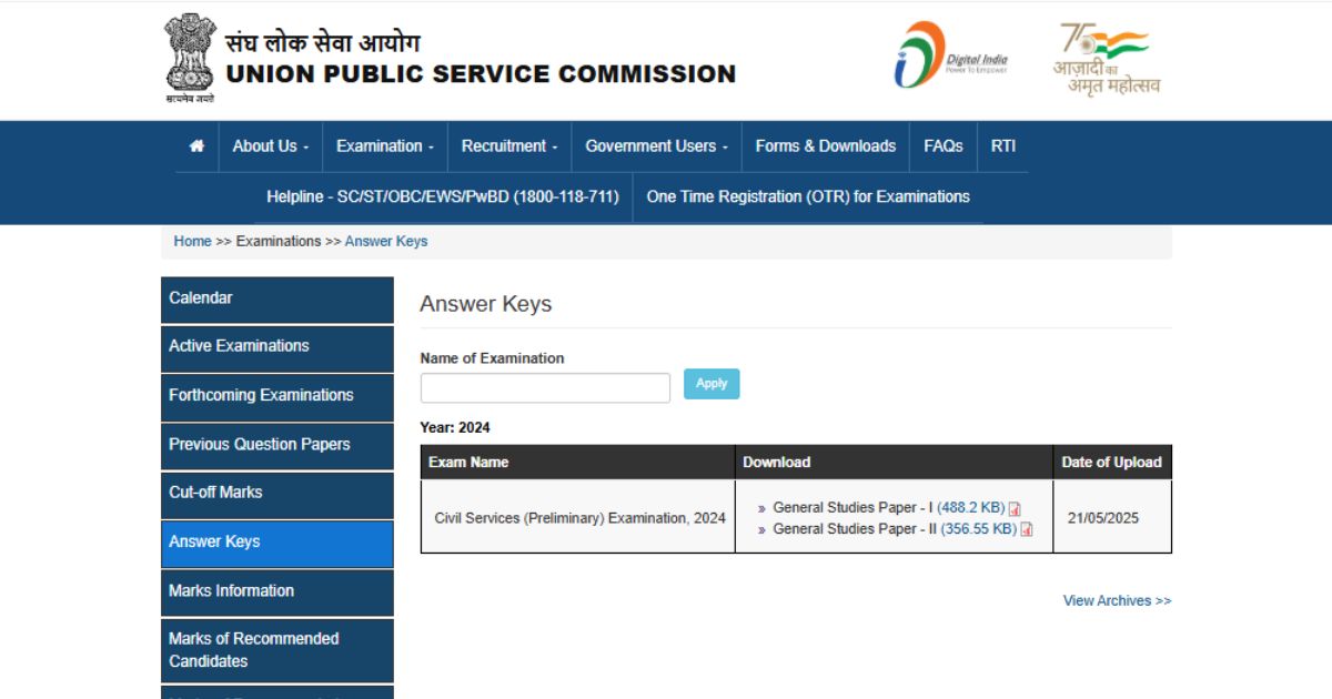 Official UPSC CMS 2025 answer keys for both General Studies papers with file size and upload date