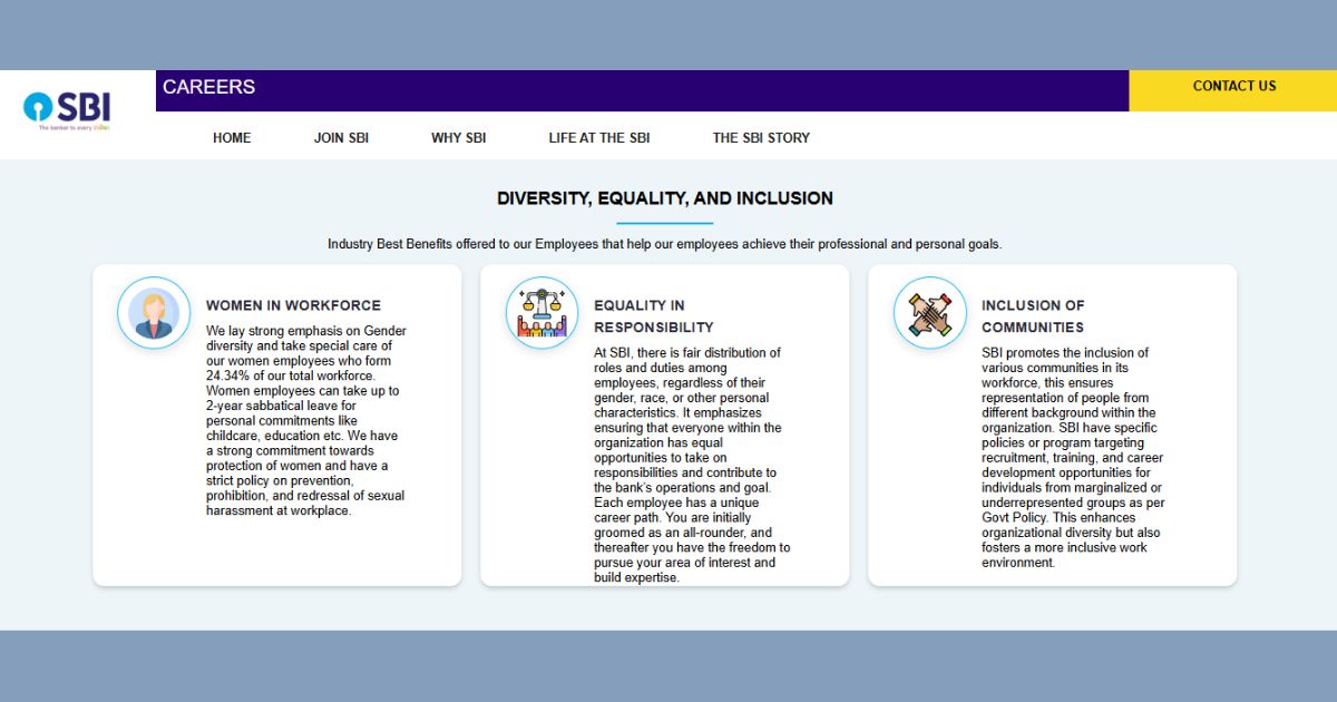 SBI Clerk Exam 2025 careers page showing diversity, equal responsibility, and inclusive hiring approach by SBI.