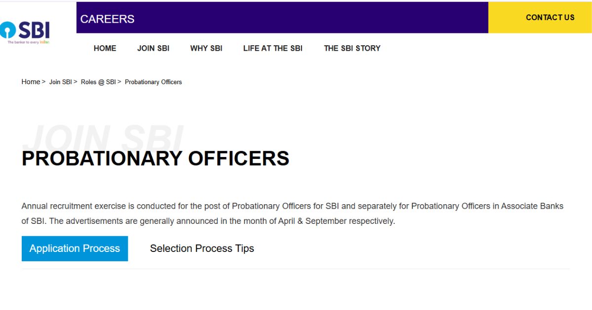 SBI PO recruitment page outlining application steps, selection tips, and important dates.