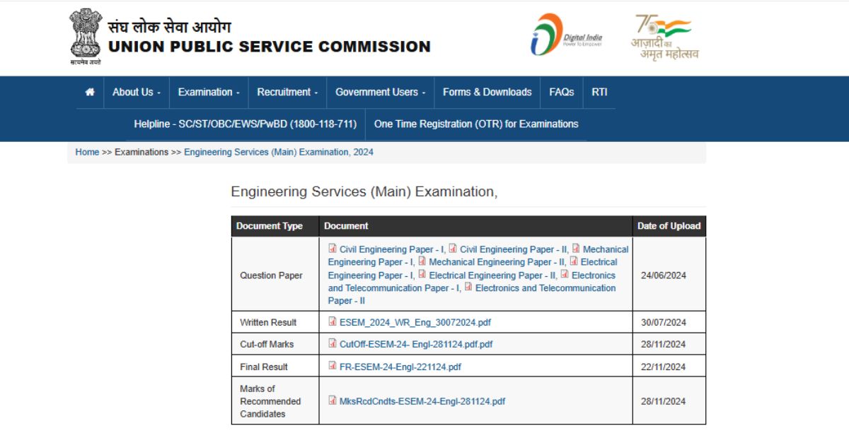 UPSC Engineering Services Main Exam 2024 results, question papers, and cut-off marks document snapshot.