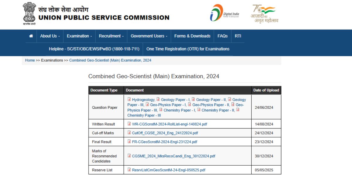 UPSC Combined Geo-Scientist Main Exam 2024 result updates with papers, cut-off, and final selection list